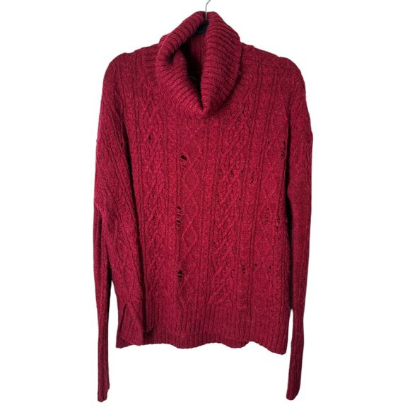 Free People Deep Red Complex Cable Knit Cowl Neck Sweater Medium Wool Alpaca - Picture 3 of 8